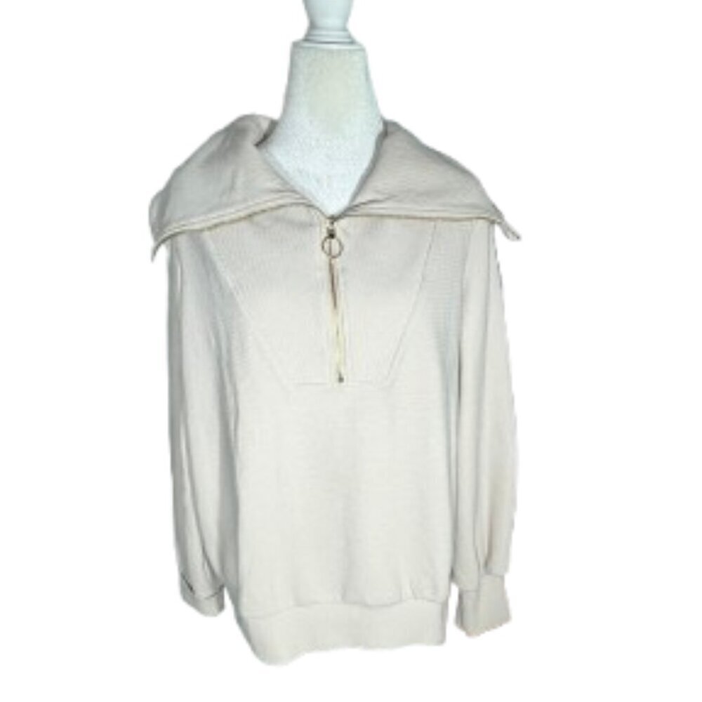 Anrabess Cream Quarter Zip Oversized Casual Loose Rib Knit Cozy Pullover XLarge